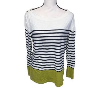 Banana Republic Striped White and Green Women's Long Sleeve Shirt Button Detail
